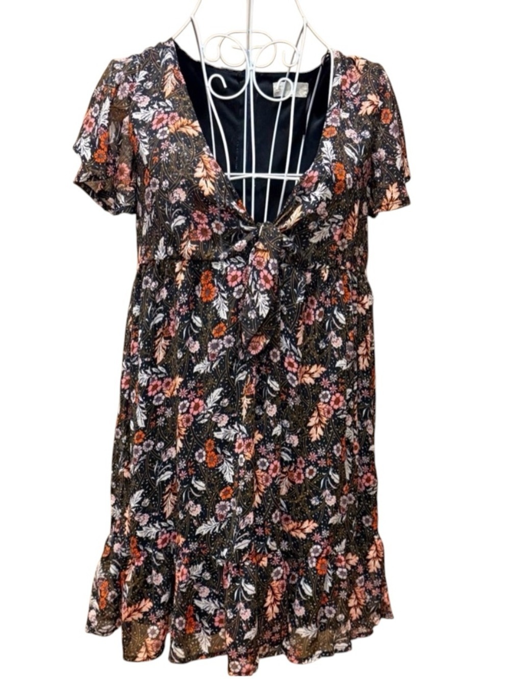 Altar'd State Babydoll Floral Mini Dress Tie Front Flutter Sleeve Black S